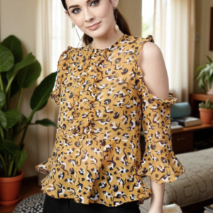 Cat Printed Round Neck Cold-Shoulder Ruffled Top - Image 1