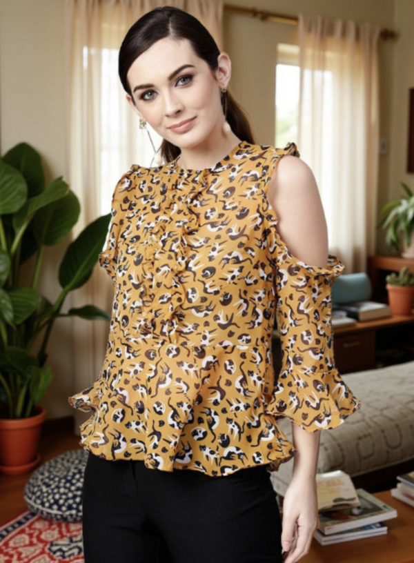 Cat Printed Round Neck Cold-Shoulder Ruffled Top