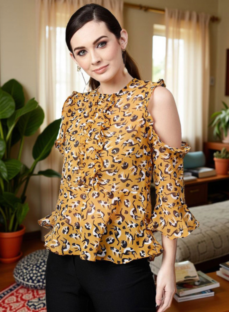 Cat Printed Round Neck Cold-Shoulder Ruffled Top - Image 1