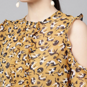 Cat Printed Round Neck Cold-Shoulder Ruffled Top - Image 2