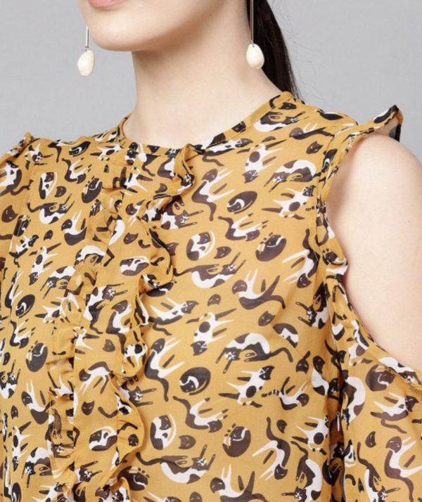 Cat Printed Round Neck Cold-Shoulder Ruffled Top