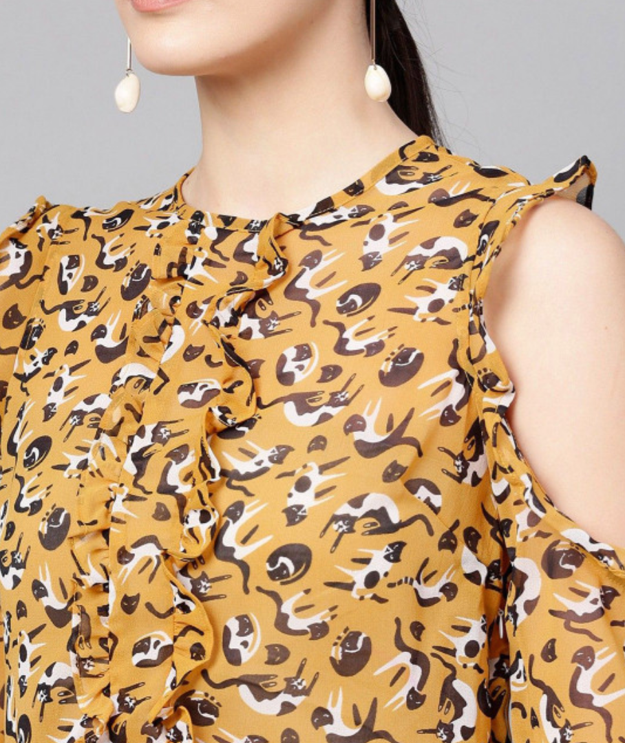 Cat Printed Round Neck Cold-Shoulder Ruffled Top - Image 2
