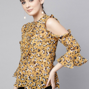 Cat Printed Round Neck Cold-Shoulder Ruffled Top - Image 3