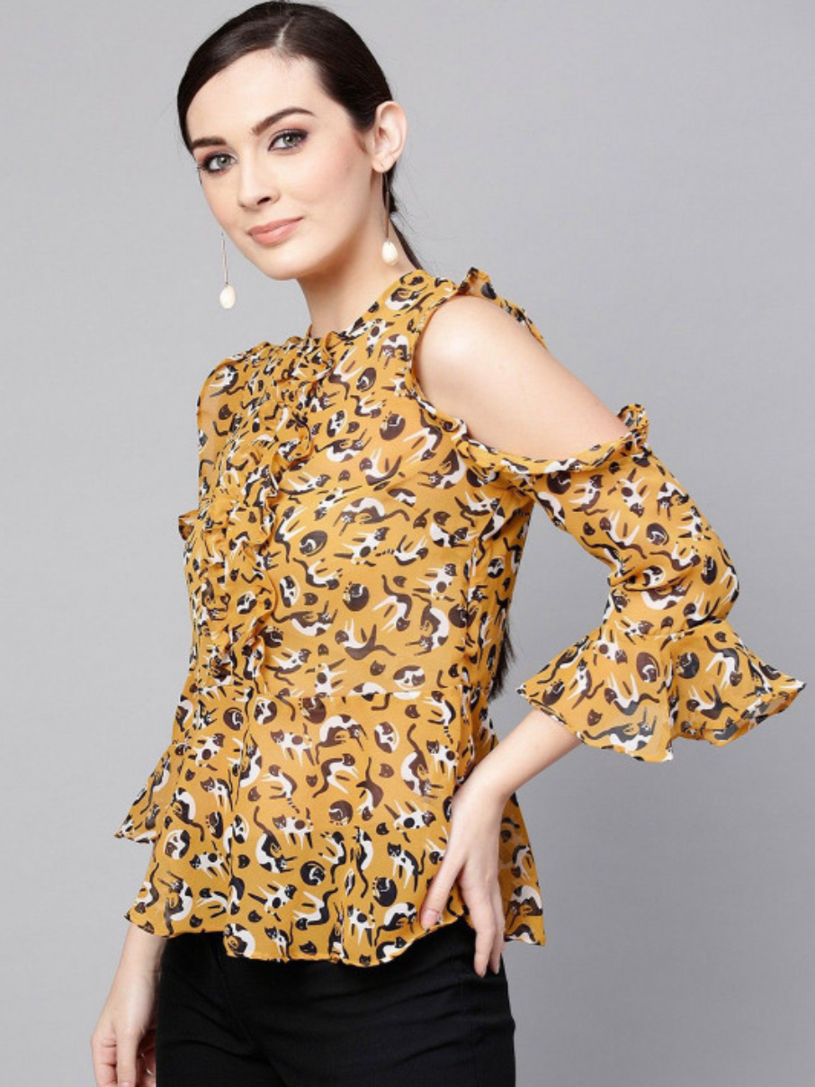 Cat Printed Round Neck Cold-Shoulder Ruffled Top - Image 3
