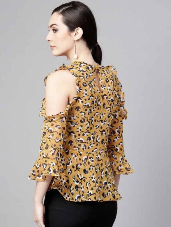 Cat Printed Round Neck Cold-Shoulder Ruffled Top