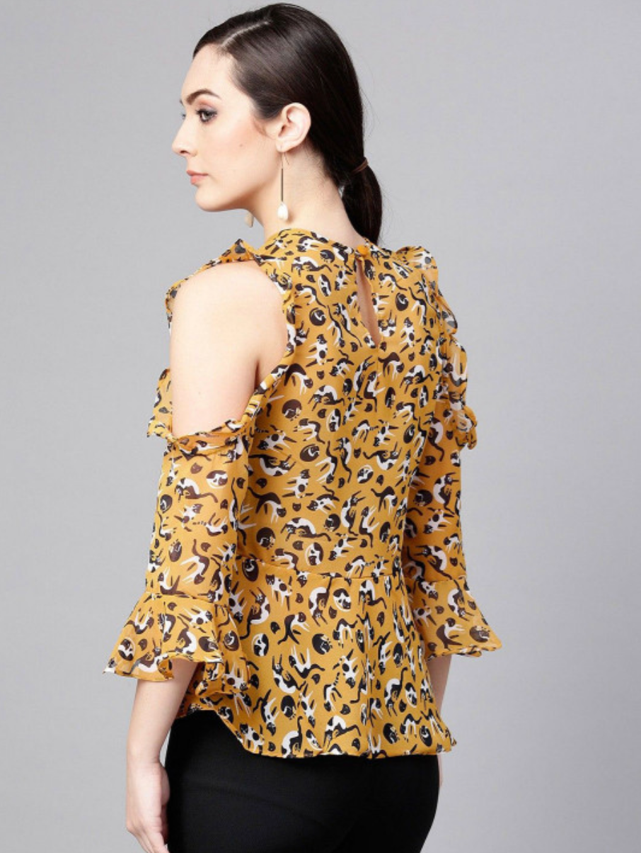 Cat Printed Round Neck Cold-Shoulder Ruffled Top - Image 4