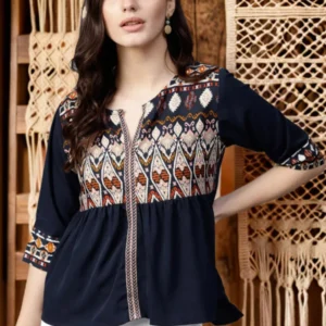 Navy Blue Ethnic Motifs Pleated Keyhole Neck Top - Image 1