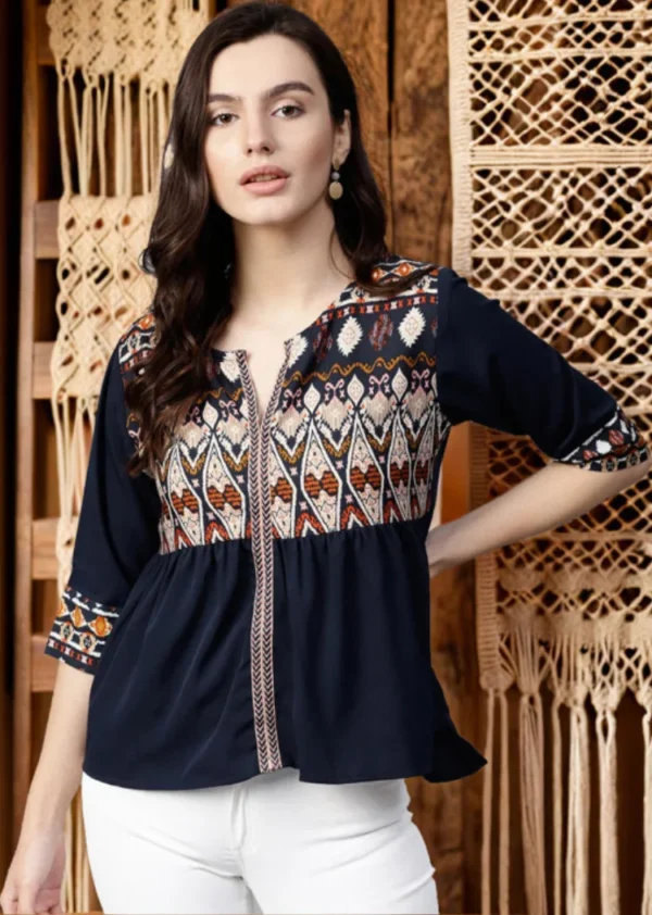 Navy Blue Ethnic Motifs Pleated Keyhole Neck Top