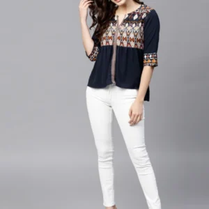 Navy Blue Ethnic Motifs Pleated Keyhole Neck Top - Image 2