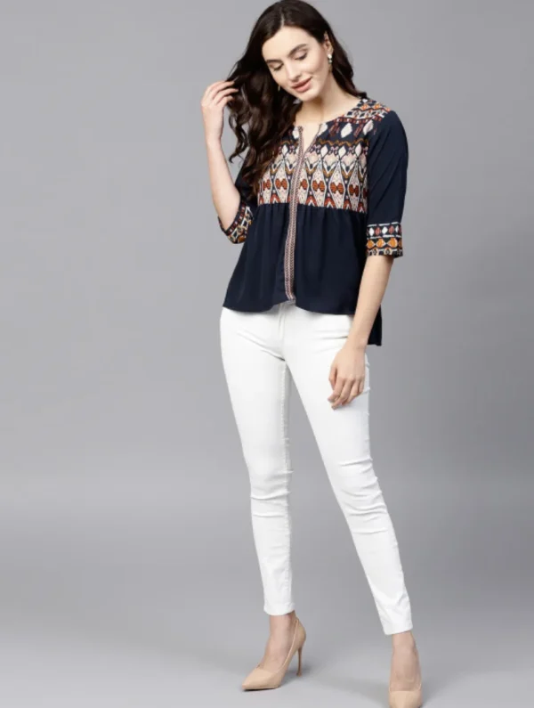 Navy Blue Ethnic Motifs Pleated Keyhole Neck Top