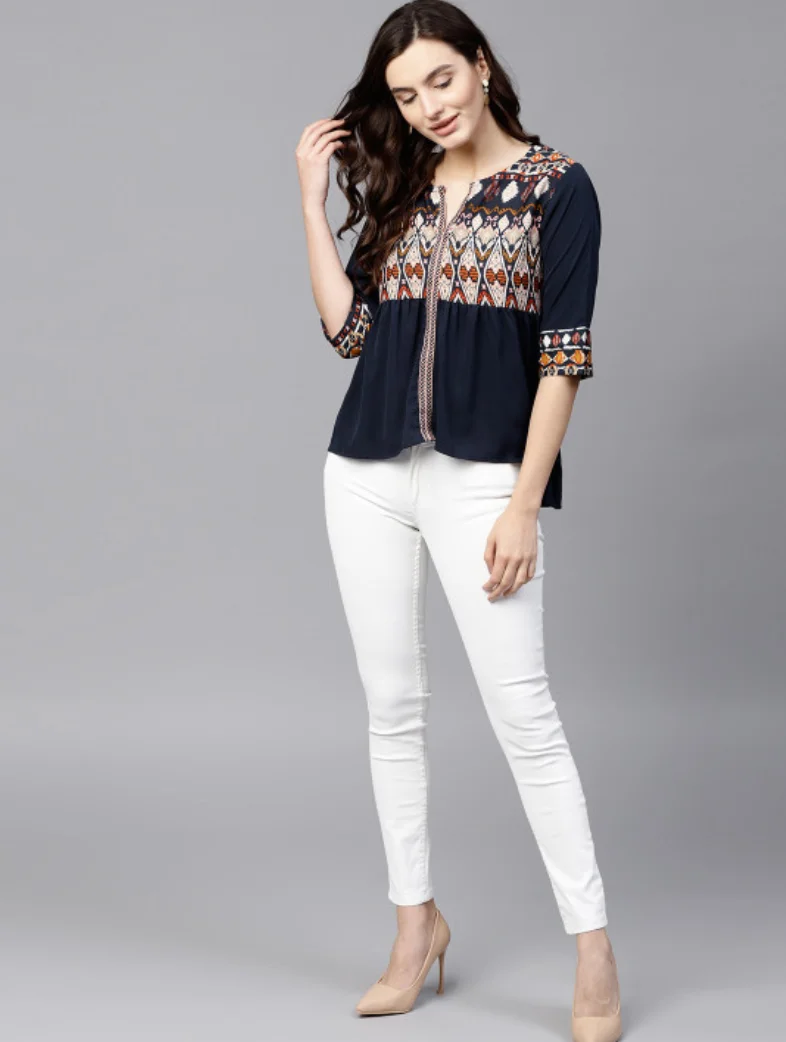 Navy Blue Ethnic Motifs Pleated Keyhole Neck Top - Image 2