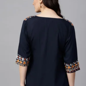 Navy Blue Ethnic Motifs Pleated Keyhole Neck Top - Image 3
