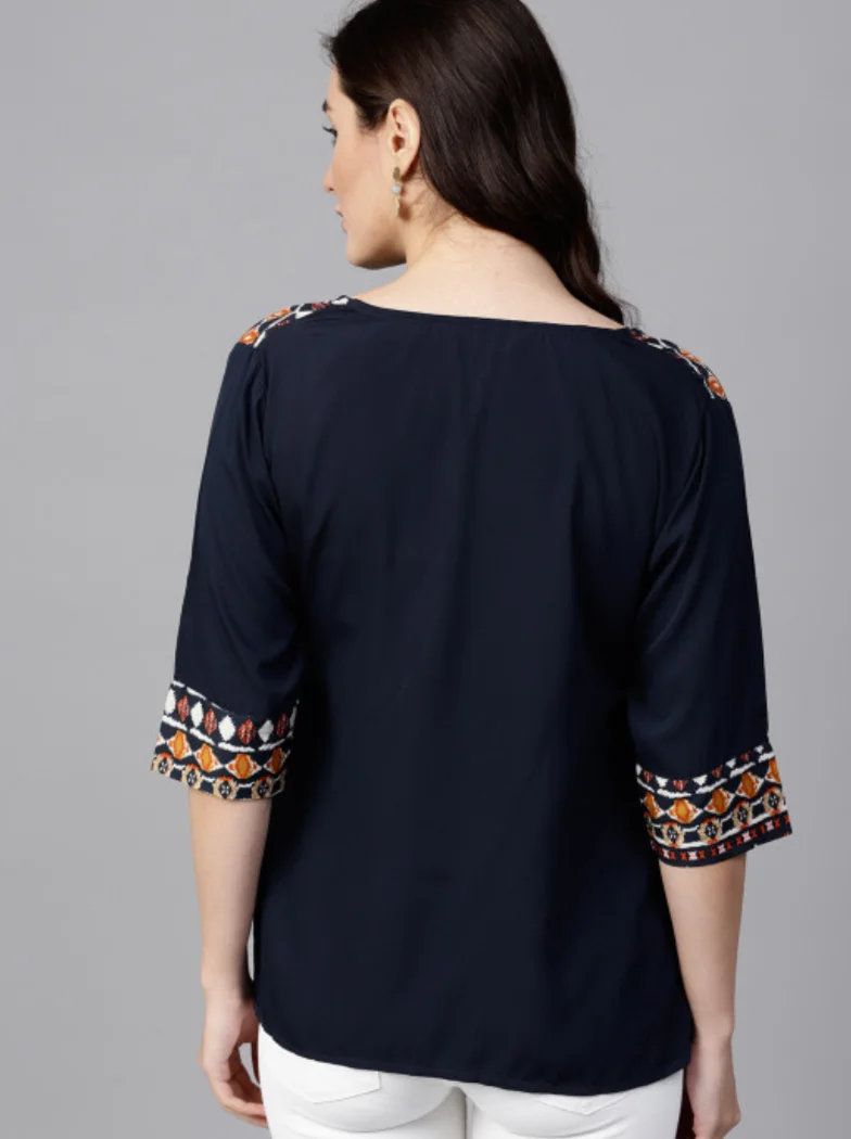 Navy Blue Ethnic Motifs Pleated Keyhole Neck Top - Image 3
