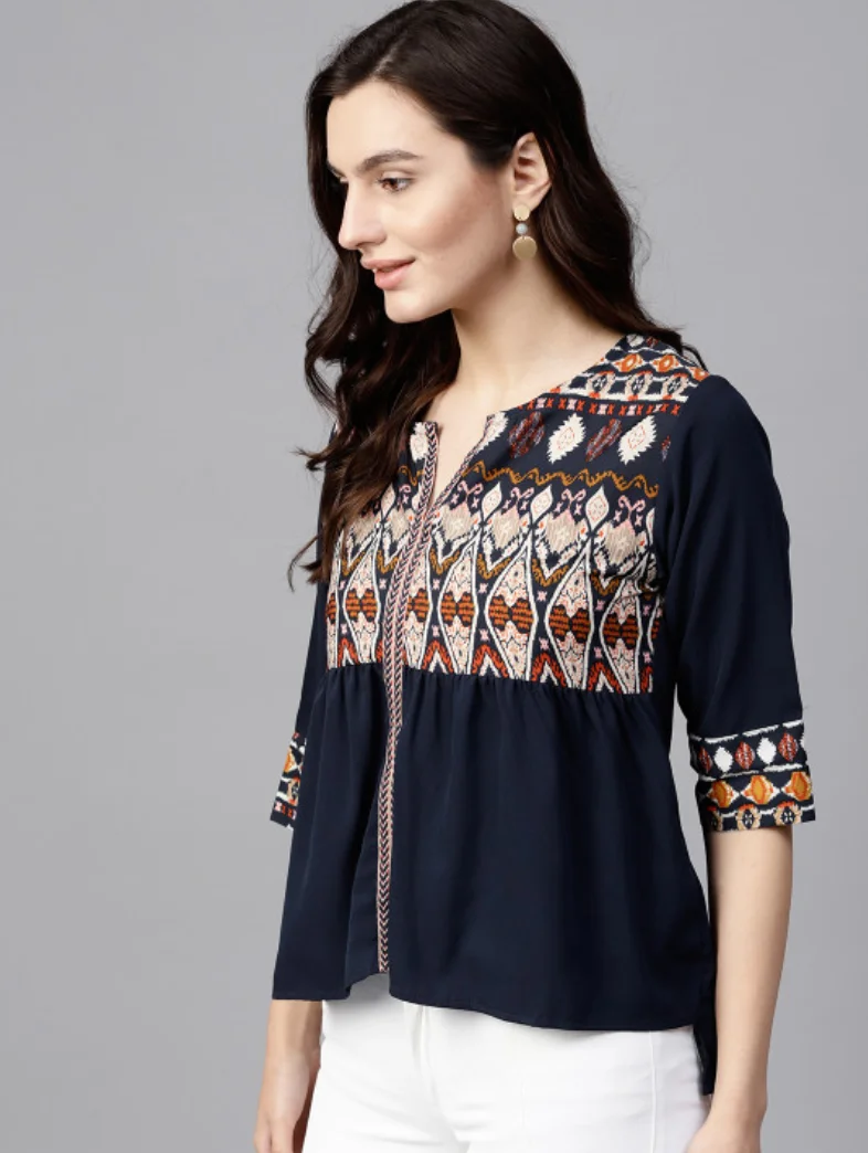 Navy Blue Ethnic Motifs Pleated Keyhole Neck Top - Image 4