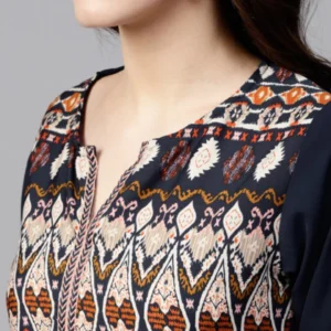 Navy Blue Ethnic Motifs Pleated Keyhole Neck Top - Image 5