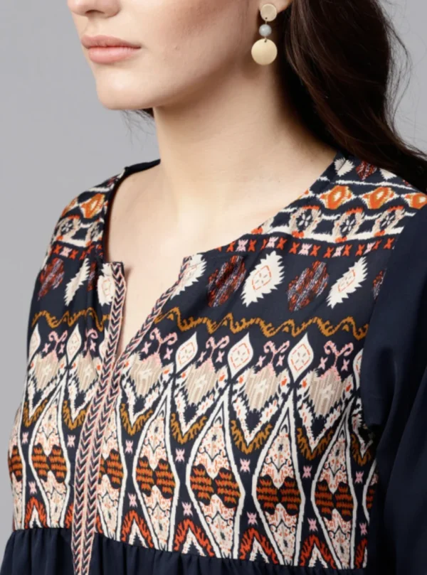 Navy Blue Ethnic Motifs Pleated Keyhole Neck Top