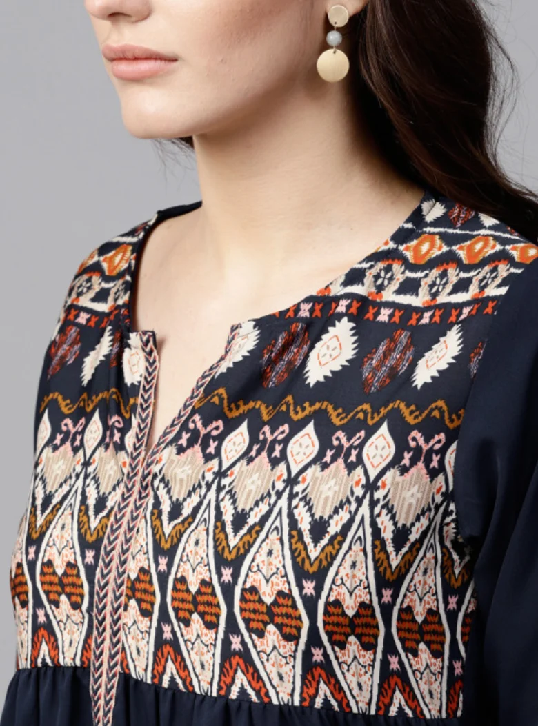 Navy Blue Ethnic Motifs Pleated Keyhole Neck Top - Image 5