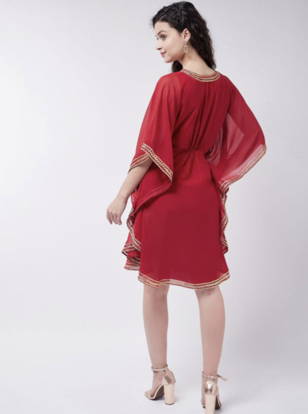 Notch Neck Extended Sleeves Thread Work Georgette Kaftan Dress