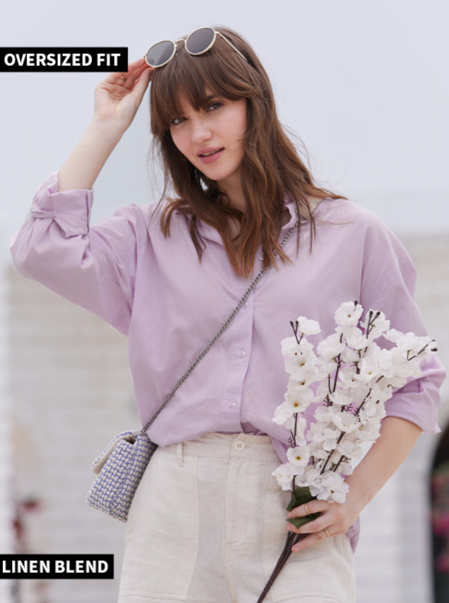 Women Lavender Relaxed Cotton Linen Casual Shirt - Image 1