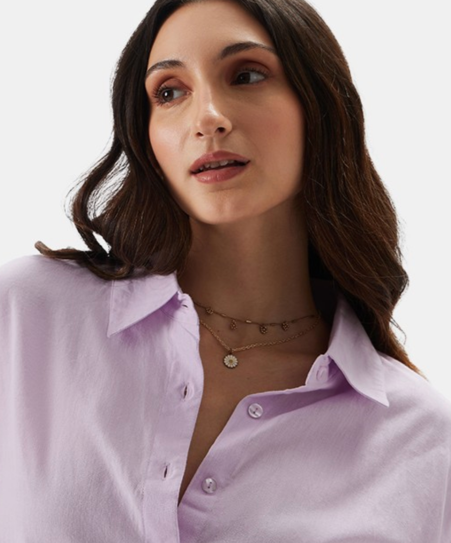 Women Lavender Relaxed Cotton Linen Casual Shirt - Image 2