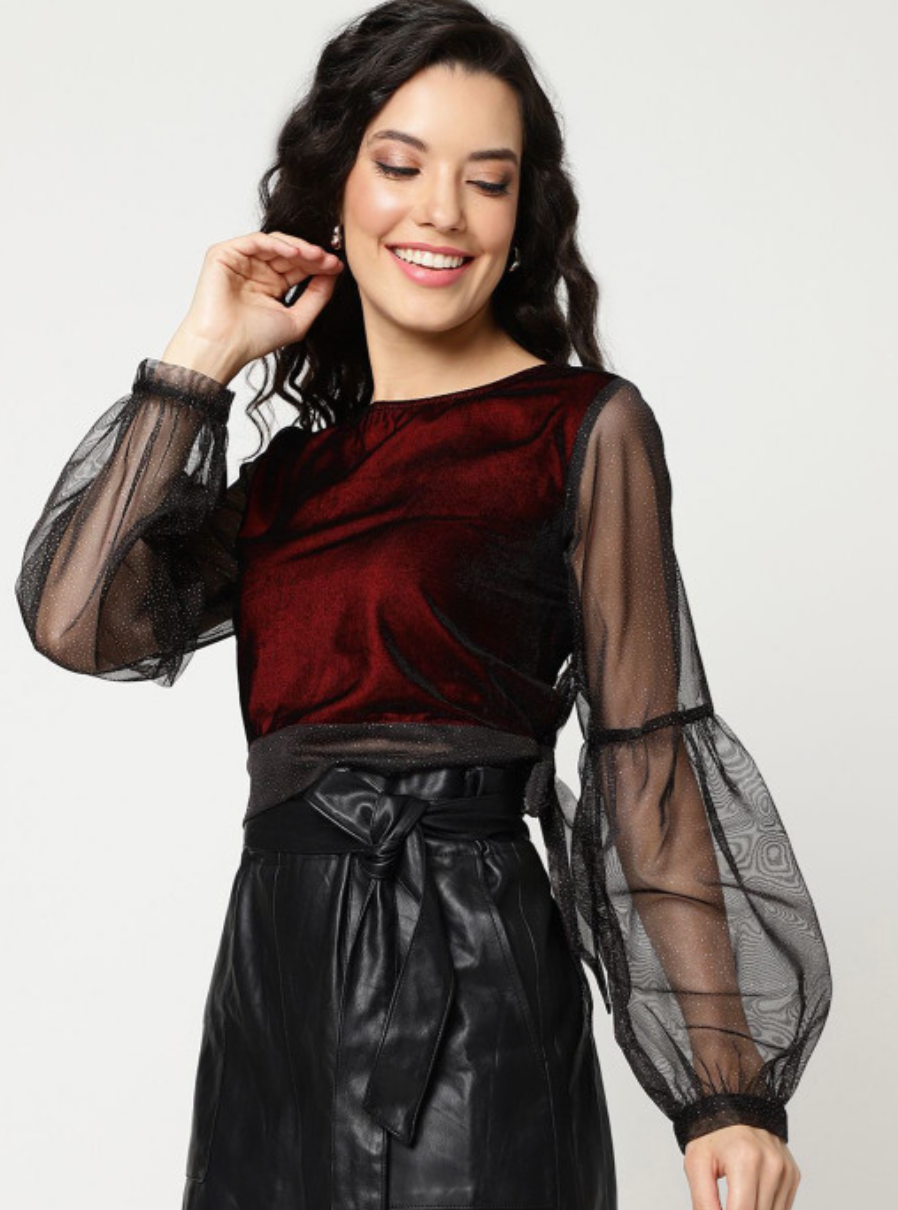 Women Self Design Waist Tie-Ups Boat Neck Top - Image 3