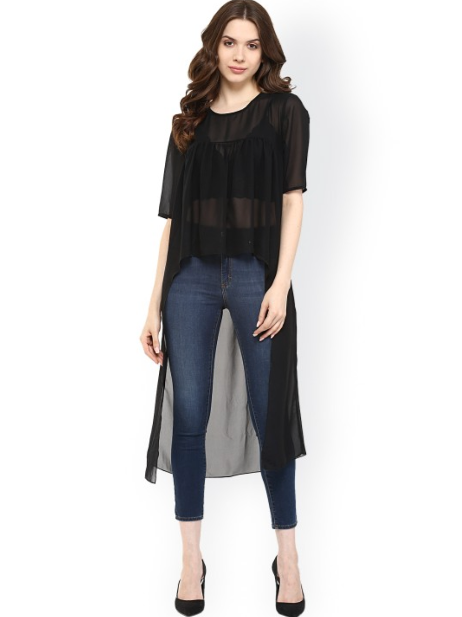 Black Polyester High-Low Sheer Top - Image 1