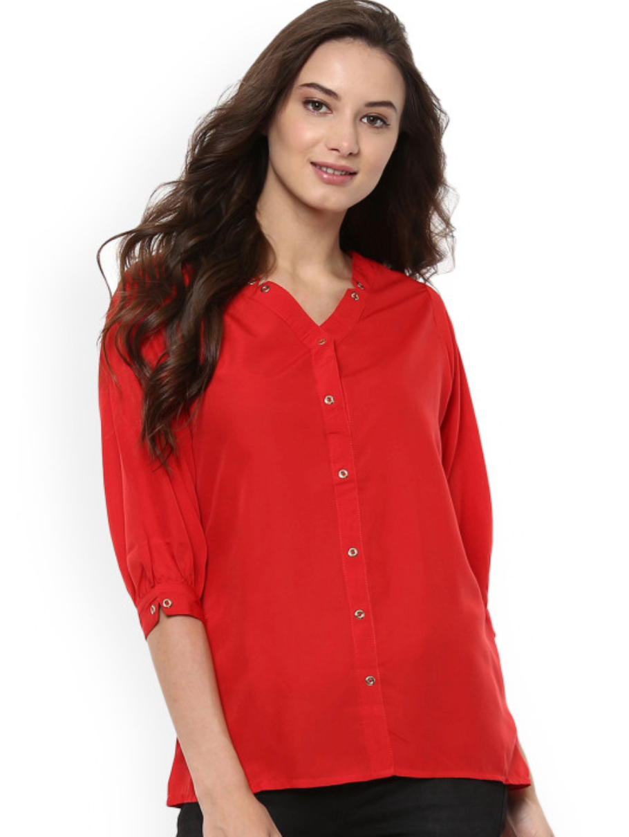 Women Red Solid Shirt Style Top - Image 1