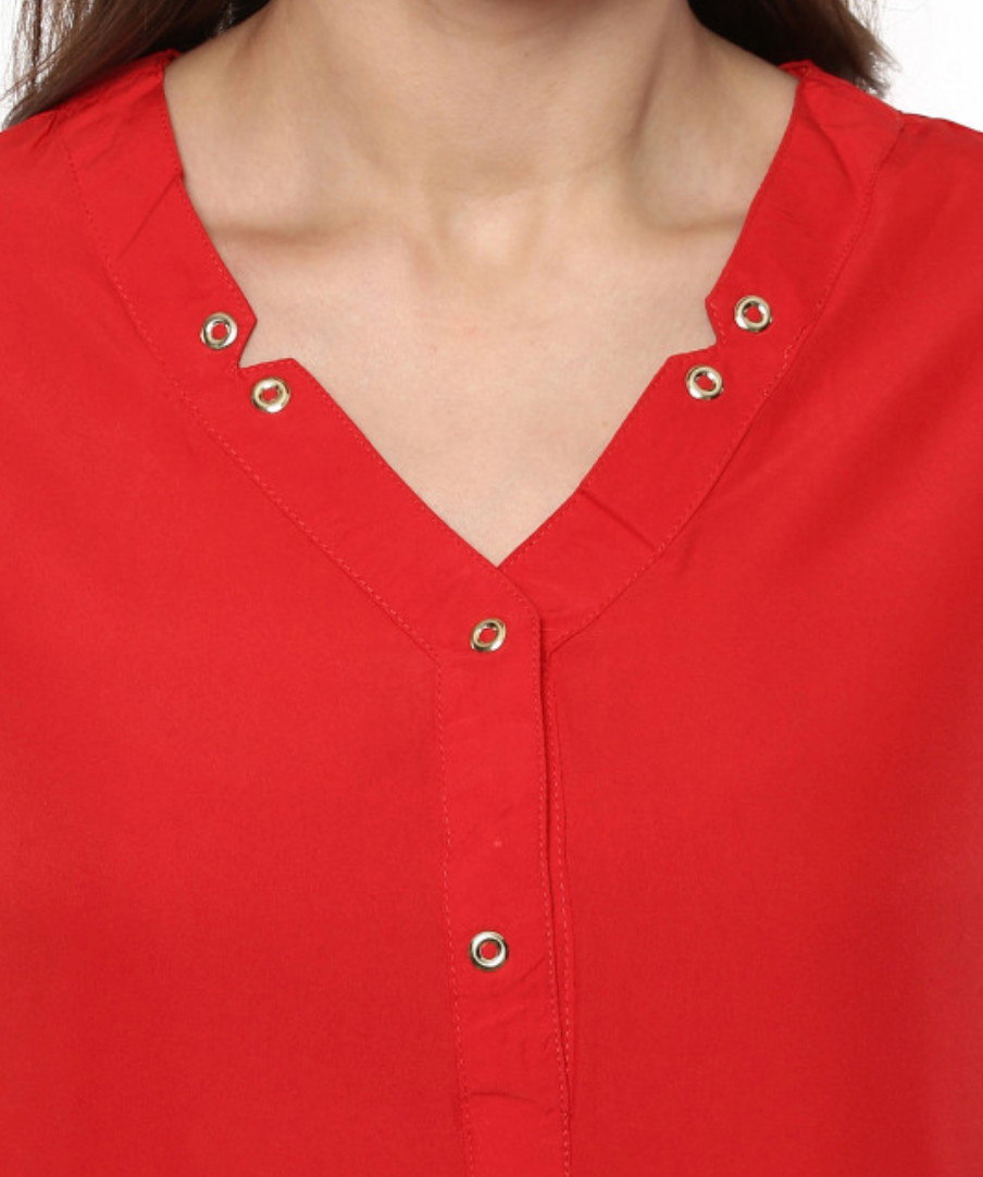 Women Red Solid Shirt Style Top - Image 2