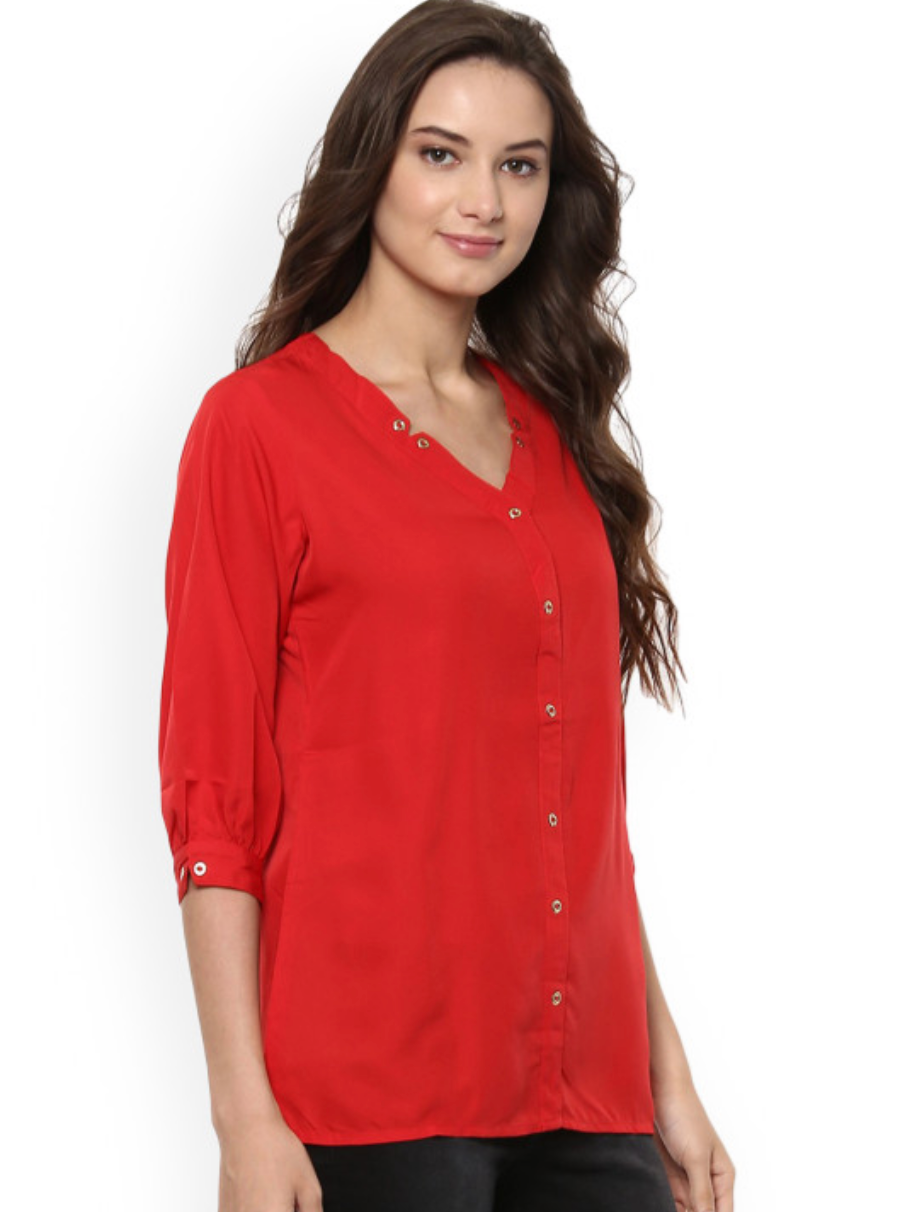 Women Red Solid Shirt Style Top - Image 3