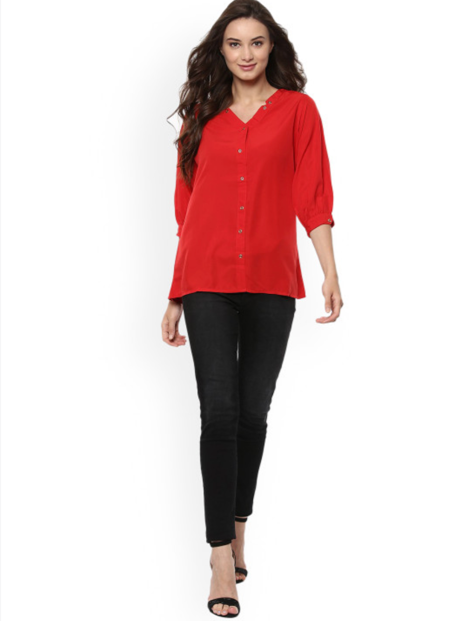Women Red Solid Shirt Style Top - Image 5