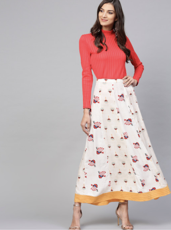 Peacock Inspired Printed Flared Maxi Skirt