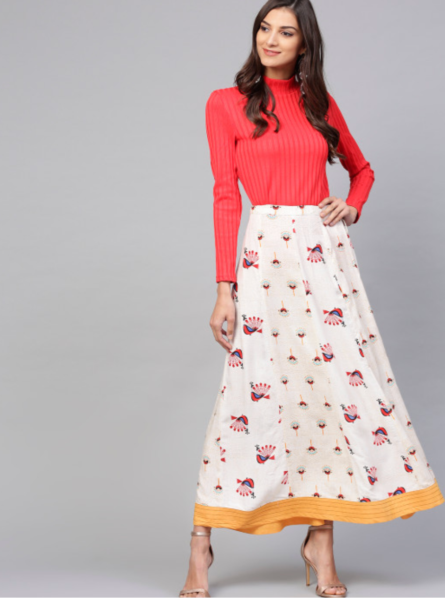 Peacock Inspired Printed Flared Maxi Skirt - Image 4