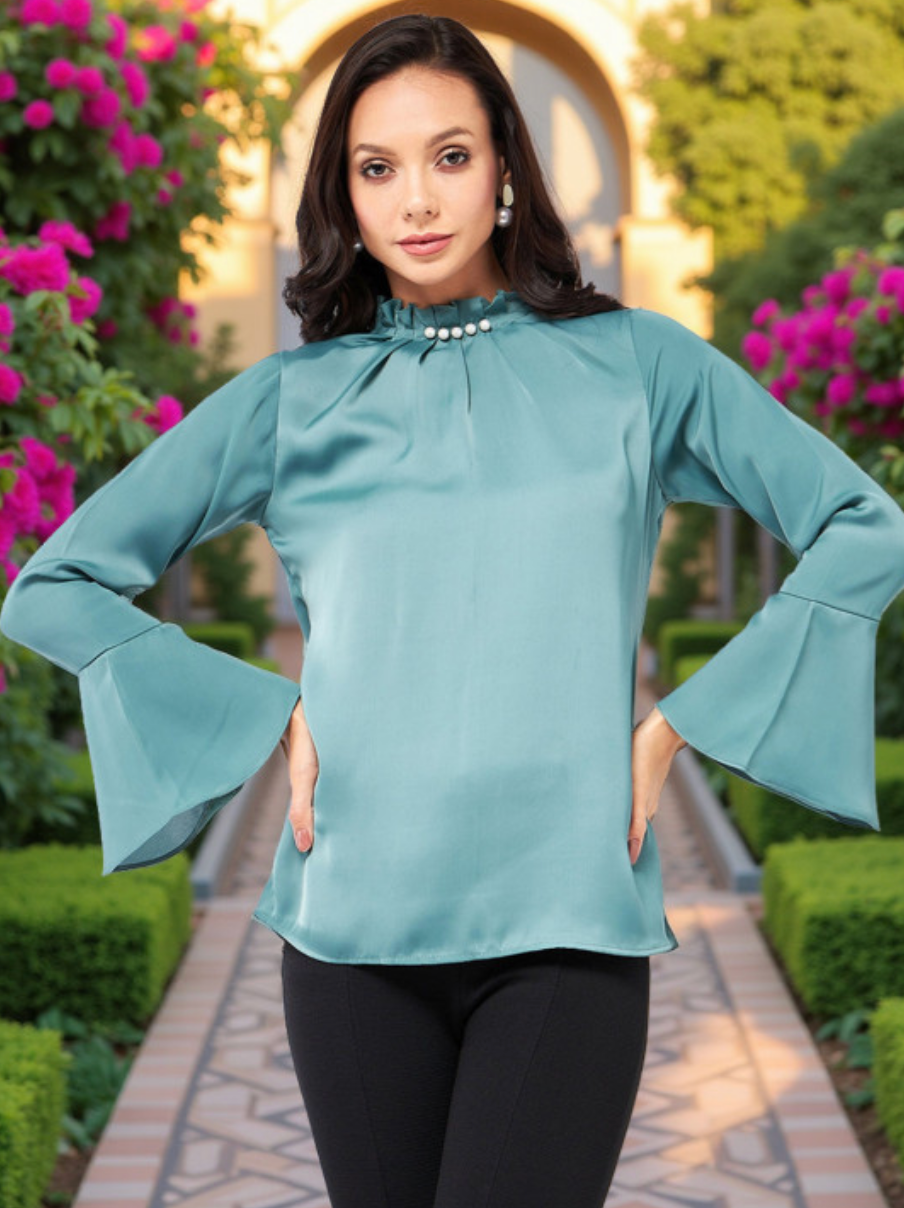 High Neck Pleated Bell Sleeve Top - Image 1