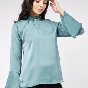 High Neck Pleated Bell Sleeve Top - Image 2
