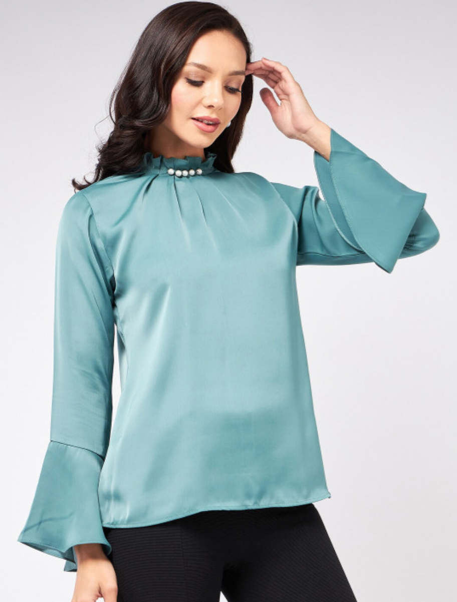 High Neck Pleated Bell Sleeve Top - Image 2