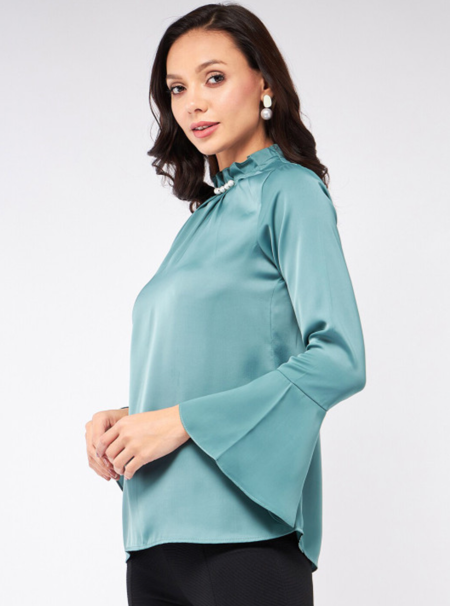 High Neck Pleated Bell Sleeve Top - Image 3