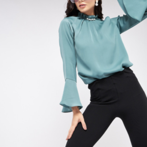 High Neck Pleated Bell Sleeve Top - Image 5