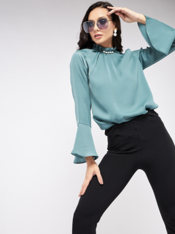 High Neck Pleated Bell Sleeve Top