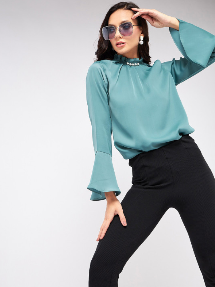 High Neck Pleated Bell Sleeve Top - Image 5