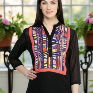 Women Geometric Printed Mandarin Collar Crepe Top - Image 1