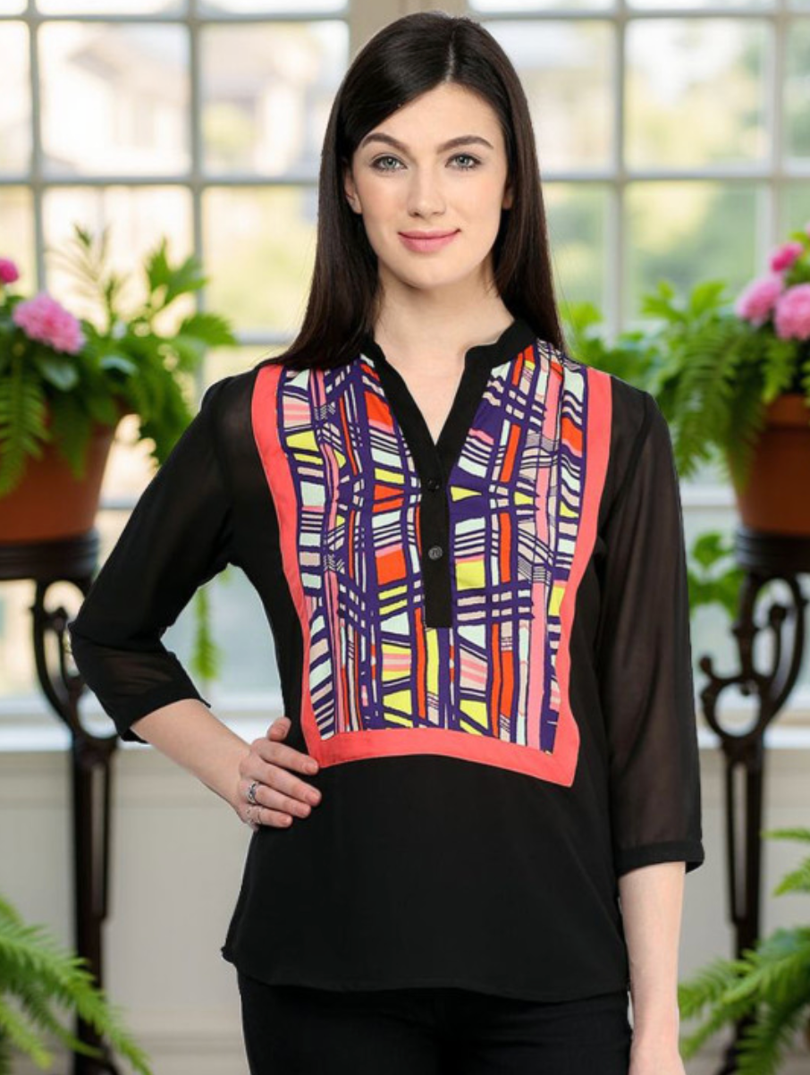 Women Geometric Printed Mandarin Collar Crepe Top - Image 1
