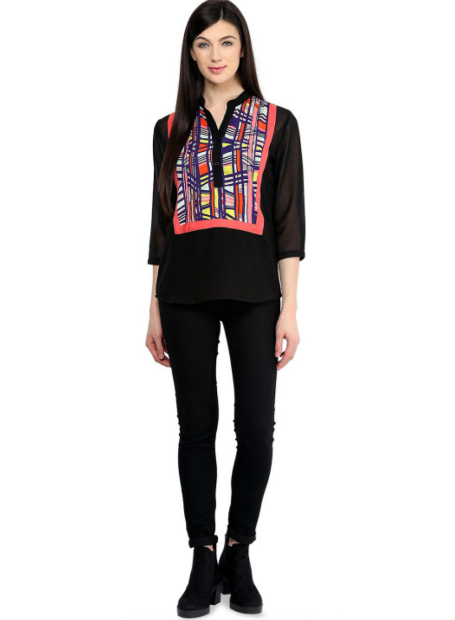 Women Geometric Printed Mandarin Collar Crepe Top - Image 4