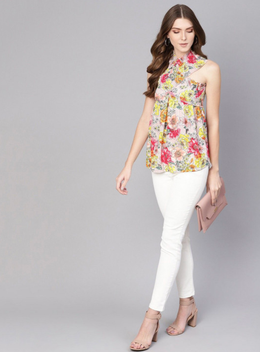 Women Floral Print Halter Neck Crepe Top - Image 5