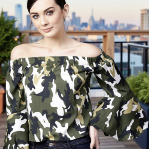Women Camouflage Printed Bardot Top - Image 1