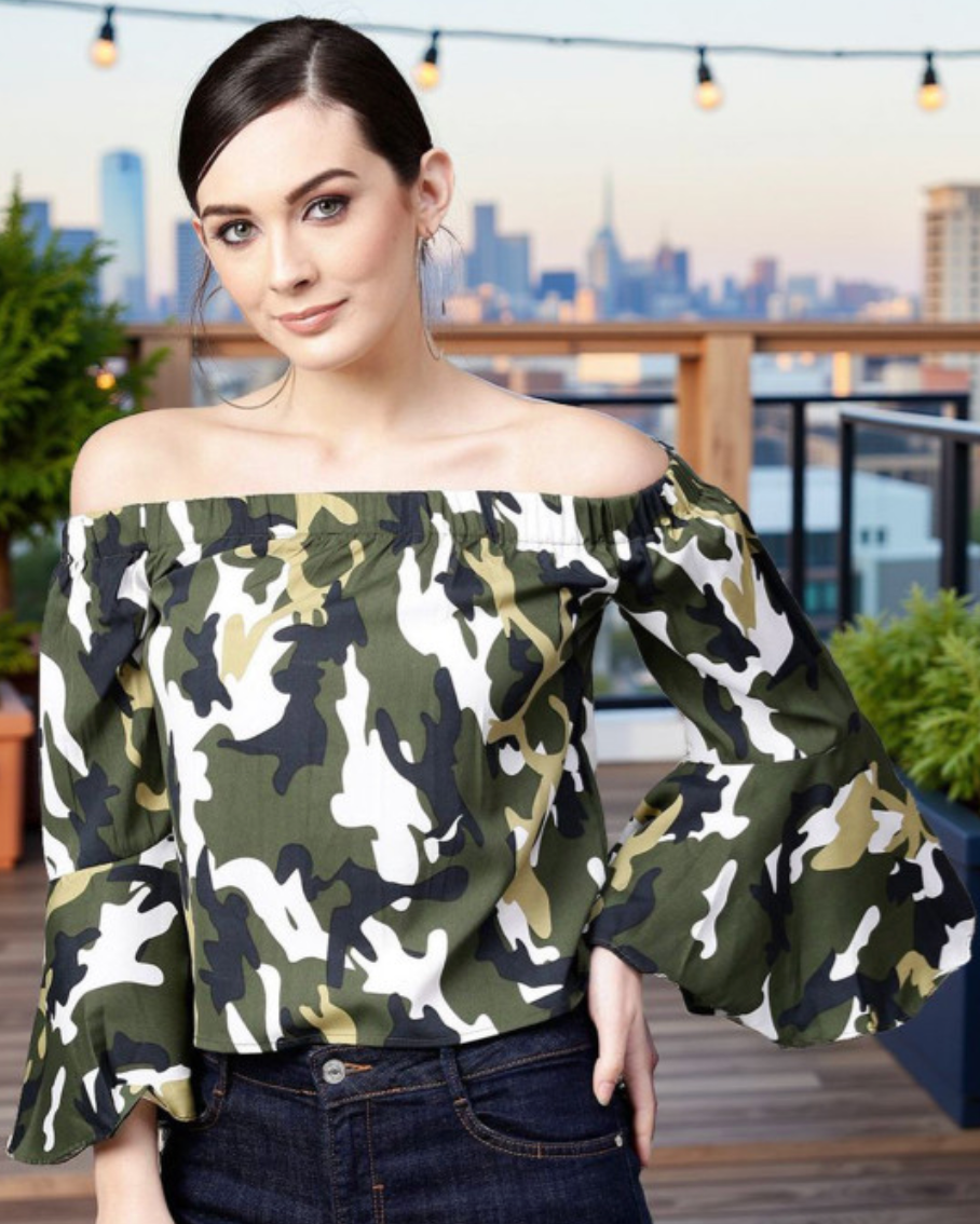 Women Camouflage Printed Bardot Top - Image 1