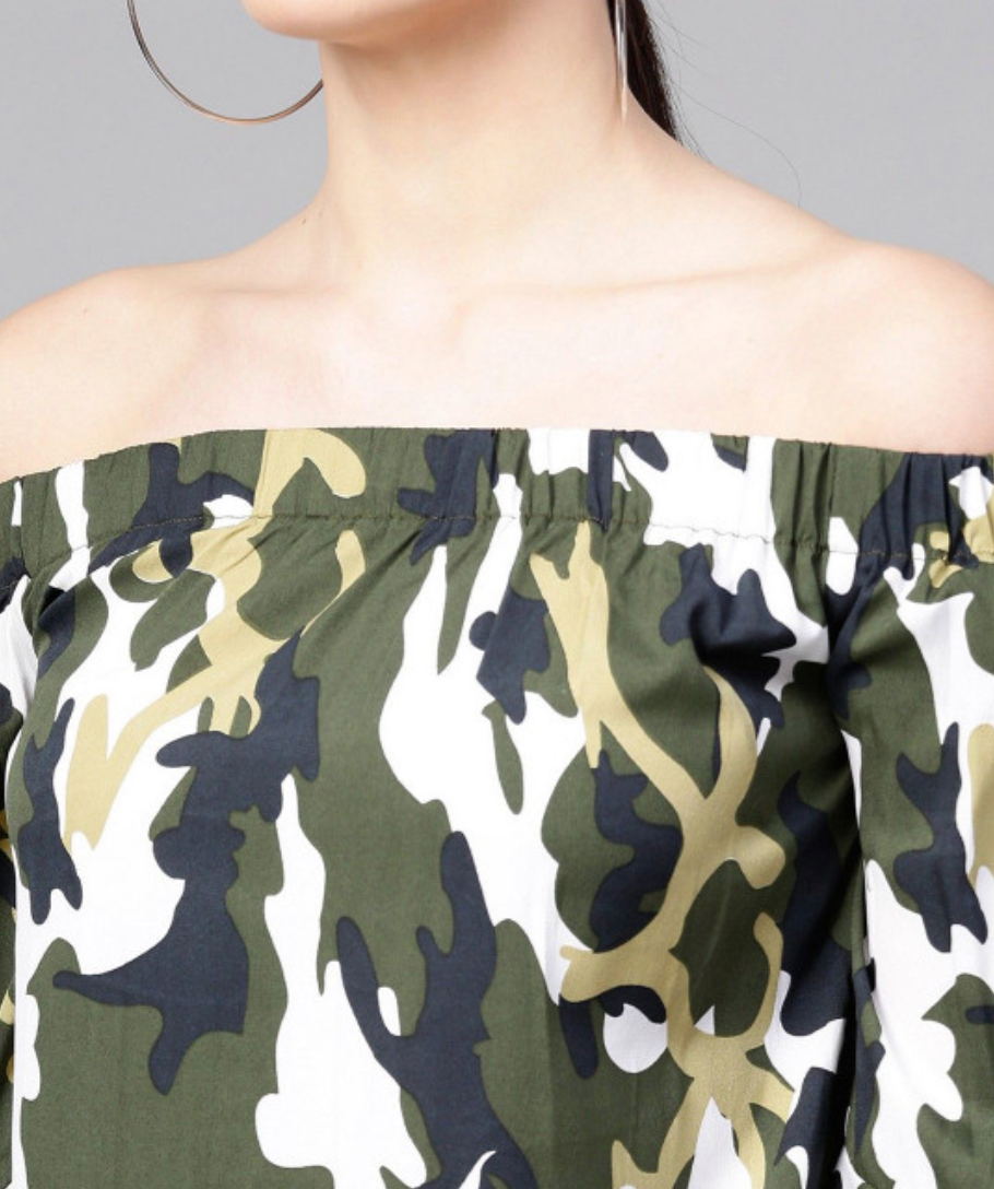 Women Camouflage Printed Bardot Top - Image 2
