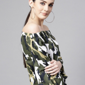 Women Camouflage Printed Bardot Top - Image 3