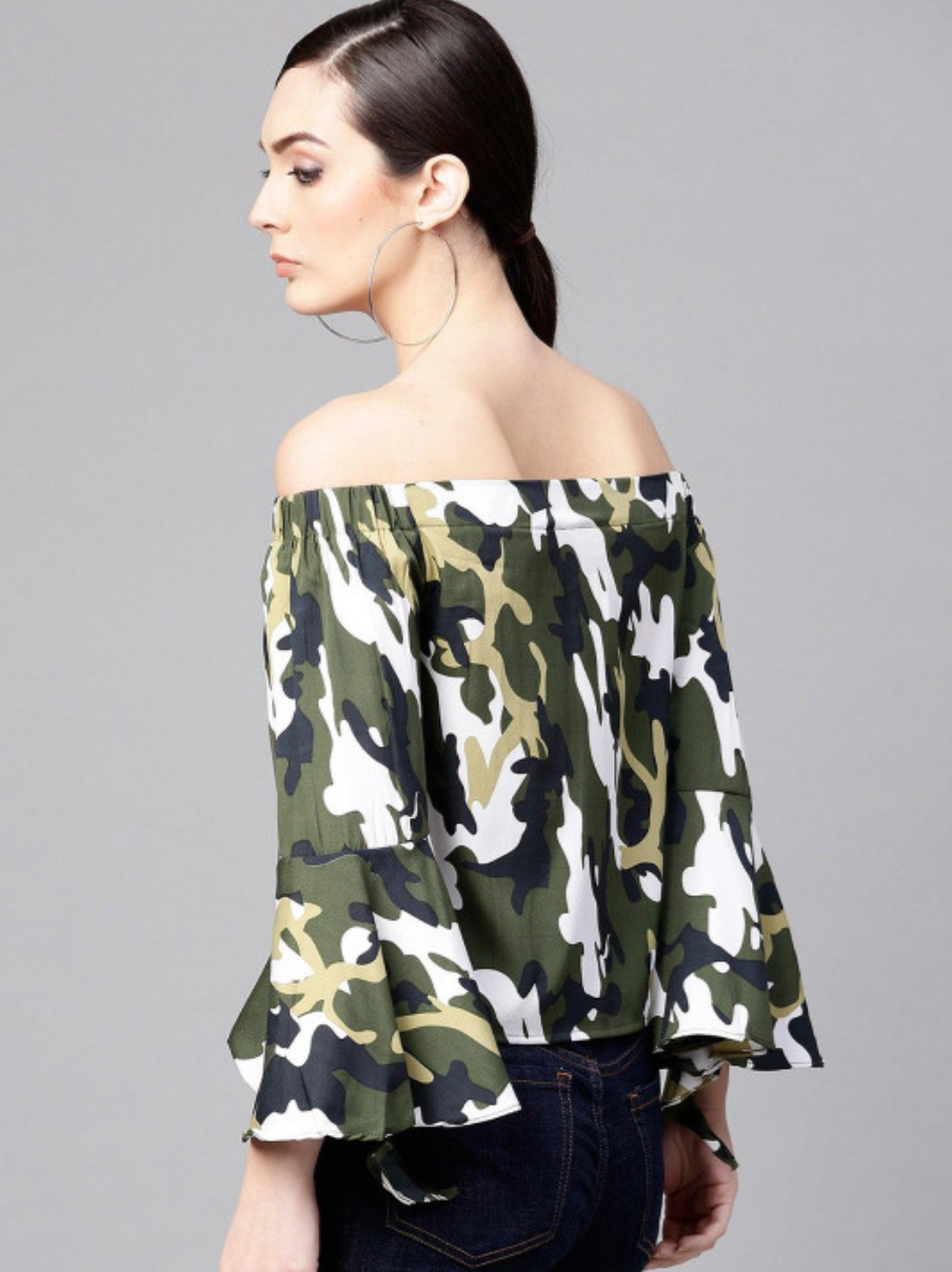 Women Camouflage Printed Bardot Top - Image 4
