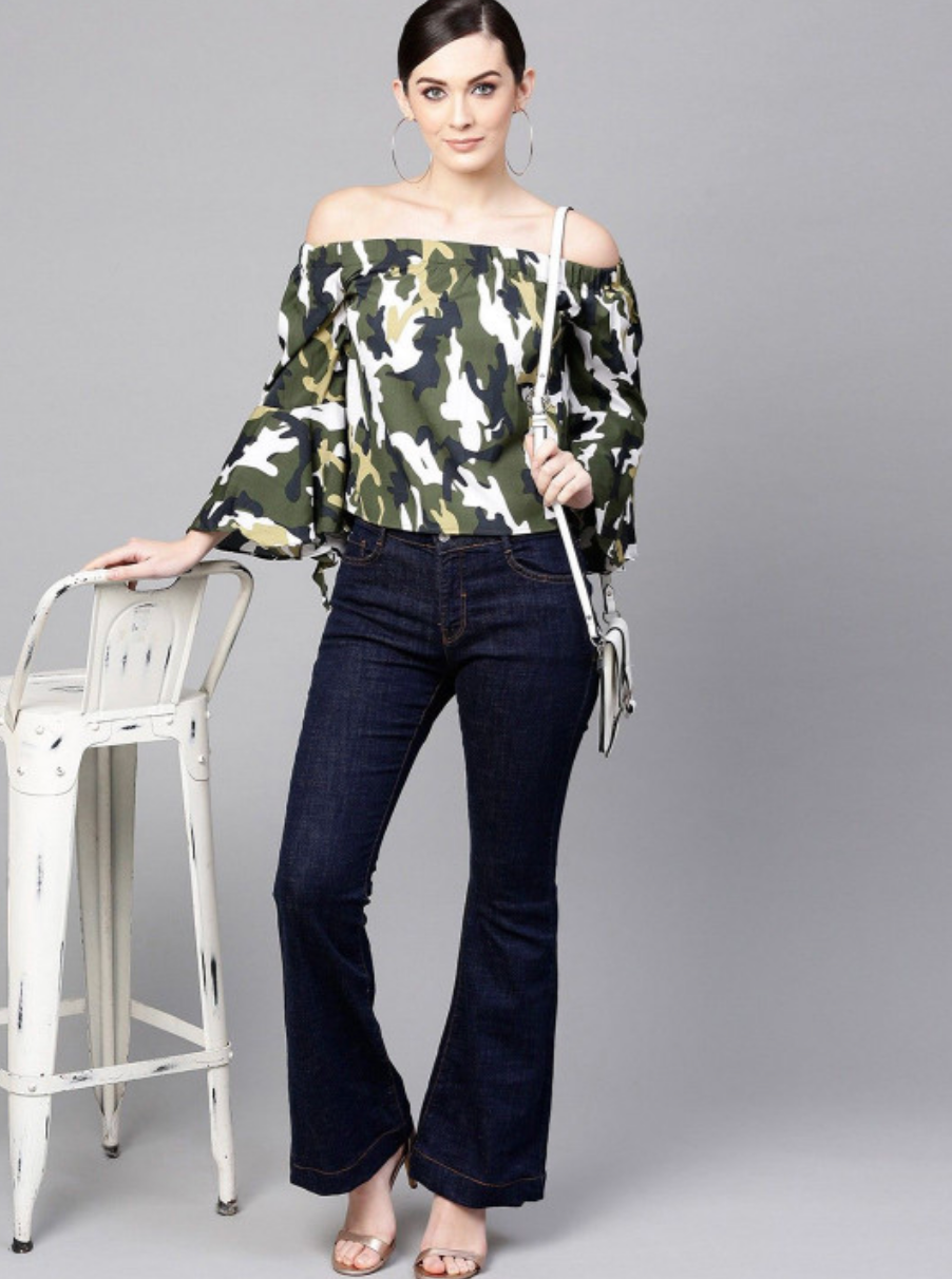 Women Camouflage Printed Bardot Top - Image 5