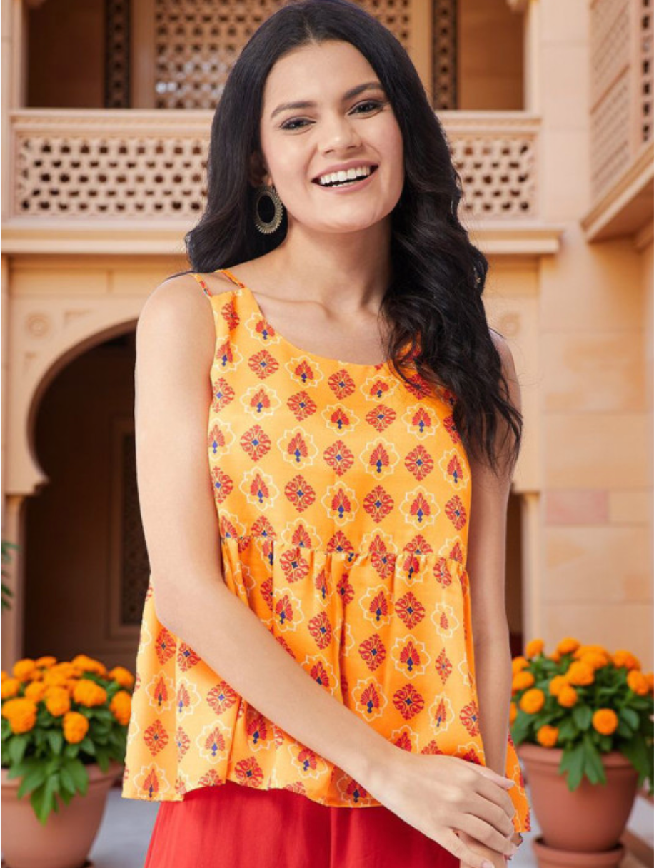 Women Ethnic Motifs Printed Round Neck A-line Top - Image 1